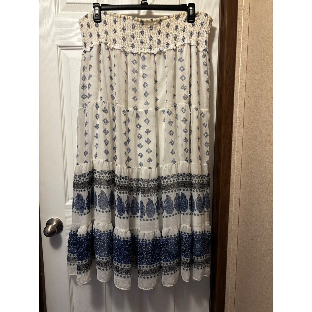 Westport 1962 Blue White Boho Paisley Tiered Maxi Skirt Plus Size 1X Sequin